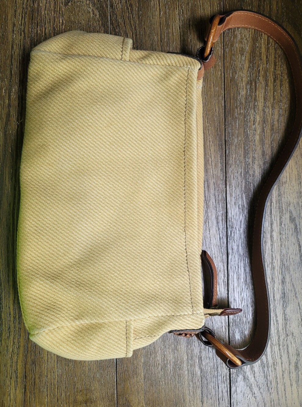 Fossil Cream Canvas shoulder bag  with Brown Leather Strap